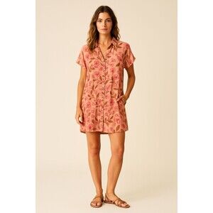 Waiwaolani Floral Rayon Shirt Dress XS Pink Boho Hawaiian Button Front